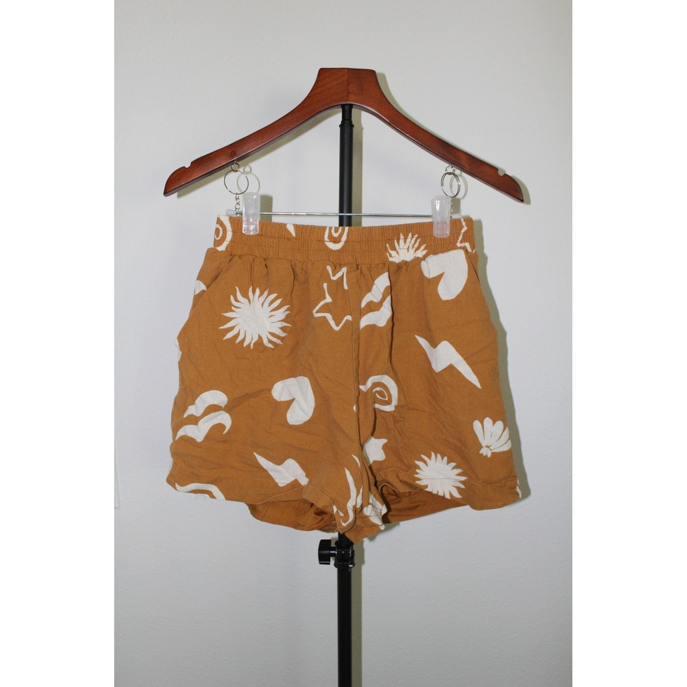 The Workshop Ochre‎ Brown Celestial Sun Print Linen Blend Lined Shorts Womens M